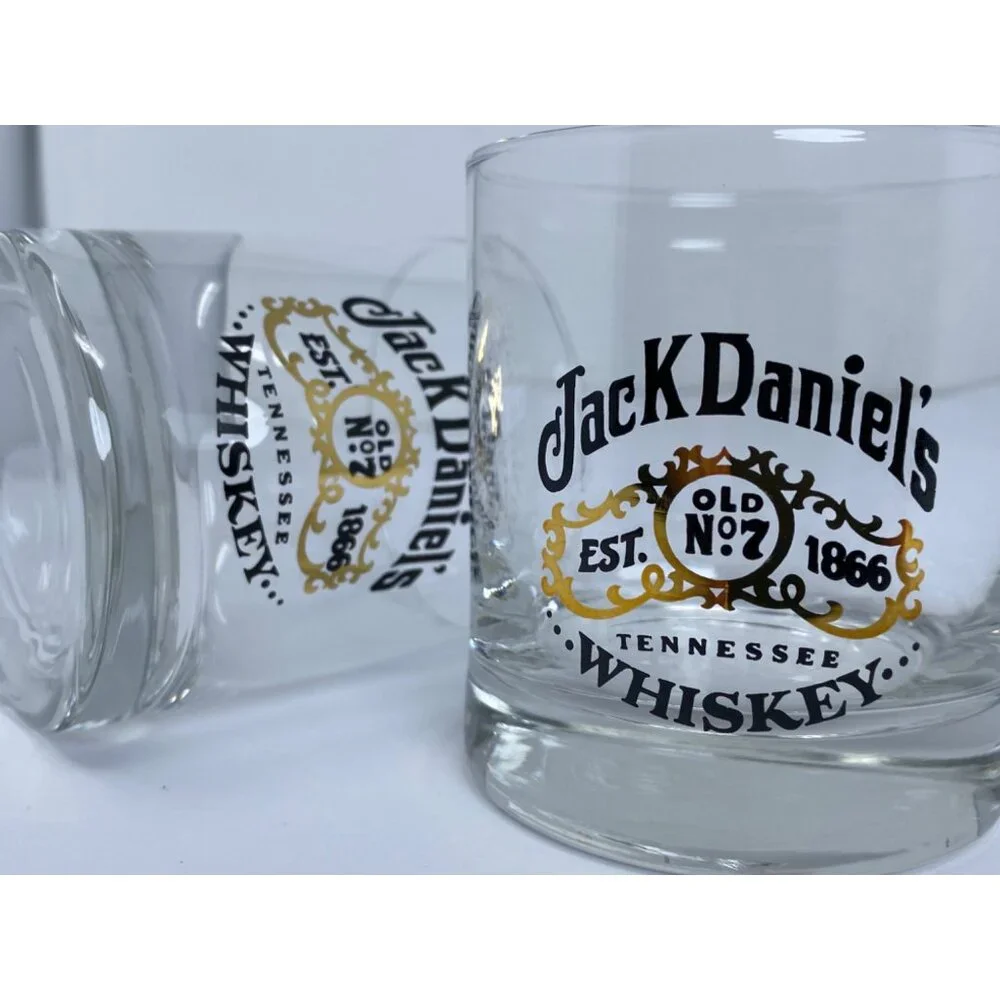 Vintage Jack Daniels Low Ball Whiskey Glasses black gold Logo